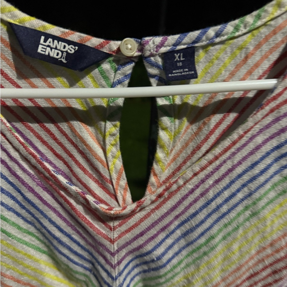 Lands Ends white midi dress with bright striping and pockets 
EUC
🤍💚💙🩷💛